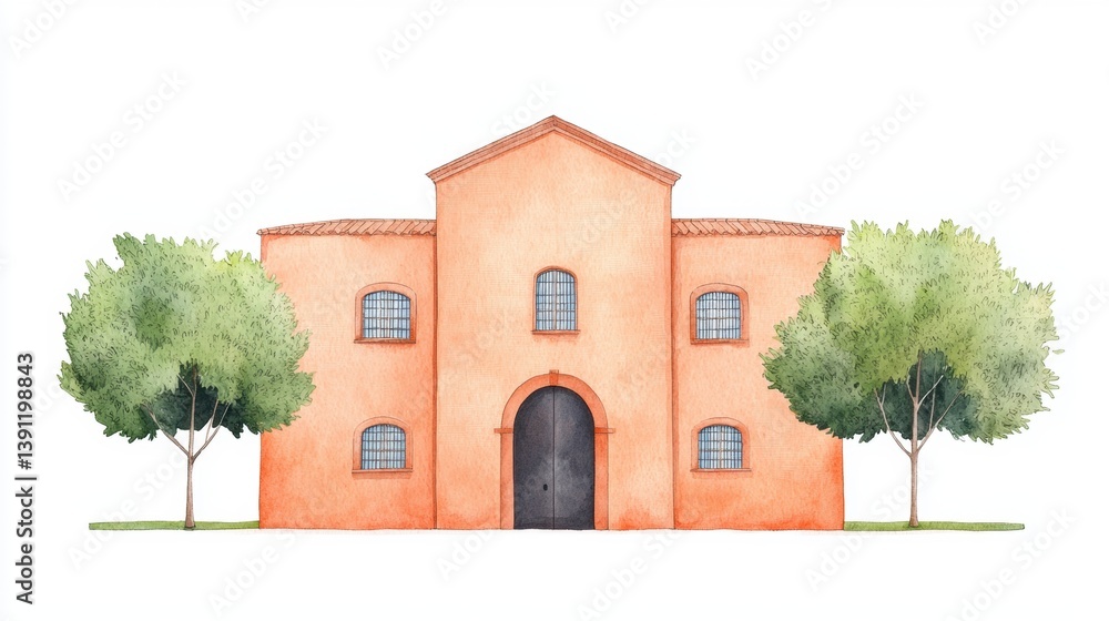 Poster a charming orange building with arched windows, framed by two leafy trees, showcasing a simple yet e