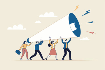 Marketing communication, announce promotion or communicate with employees, community or organization speech, loud voice or announcement concept, business people PR public relation shout on megaphone.