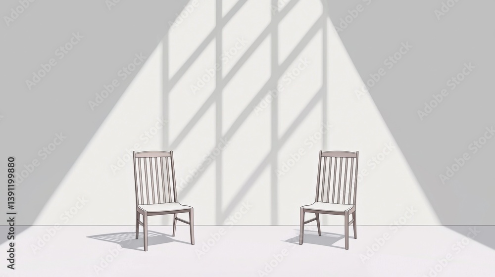 Poster two seated chairs cast shadows on a minimalist backdrop, creating an interplay of light and form.