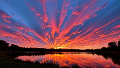 Obraz premium Inferno in the Sky A fiery sunset reflecting on a lake, creating a captivating blend of colors.