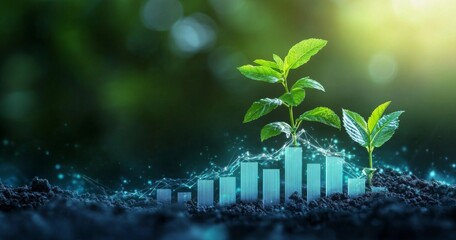 Growing success, illustrated by young plants and digital bar graphs emerging from fertile soil