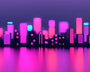 Fototapeta premium A vibrant city skyline illuminated in pink and blue hues, reflecting on water, creating a dreamy, modern atmosphere at dusk.