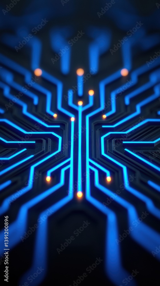 Poster a close-up view of a blue circuit board design, showcasing intricate pathways and glowing lights, re