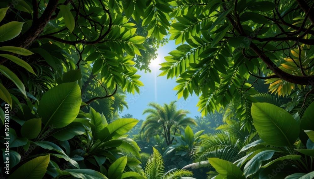 Poster lush jungle canopy a dense jungle scene with various shades of green, layered leaves creating depth 
