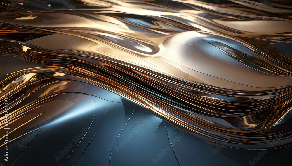 Poster futuristic metallic surface with smooth ripples and reflections, creating dynamic texture