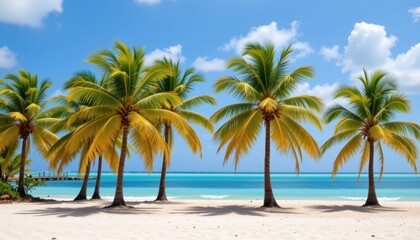 Tropical Paradise A serene beach scene with palm trees in varying shades of green, set against a bright blue ocean.