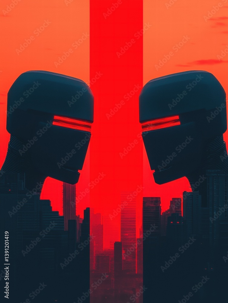 Poster two futuristic robots face each other against a vibrant red background, creating a striking contrast