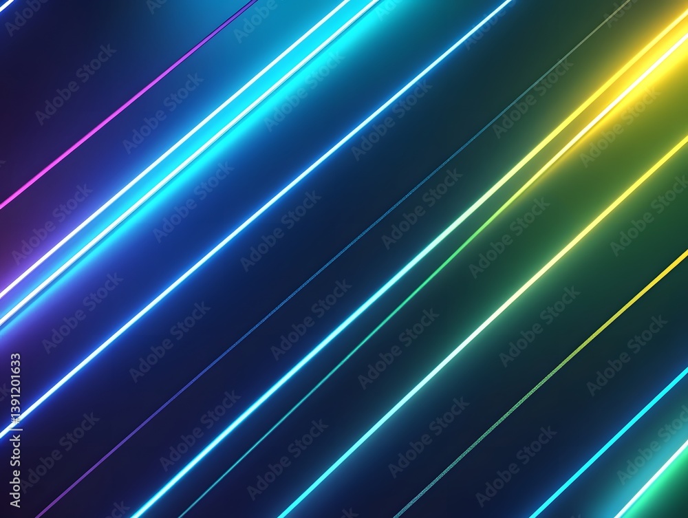 Poster diagonal vibrant glowing lines of different colors on dark background