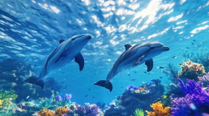 Fototapeta premium Dolphins swimming coral reef ocean