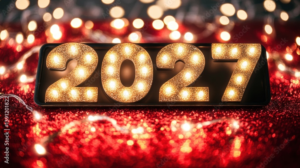 Poster illuminated numbers representing the year 2027 shine brightly on a sparkling red surface, creating a