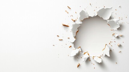 Obraz premium A hole in a white surface with torn edges, suggesting a break or impact, highlighting a sense of disruption or creativity.