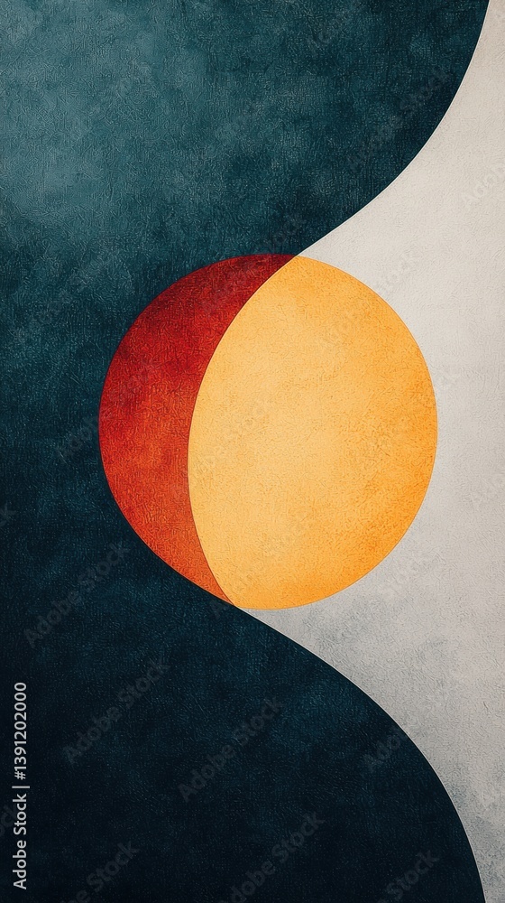 Poster a modern abstract design featuring circular shapes and a blend of warm and cool colors, creating a v