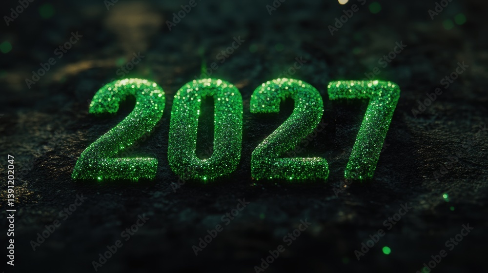 Poster bright green digits signify 2027, surrounded by a dark surface that adds to the sparkle, creating a 