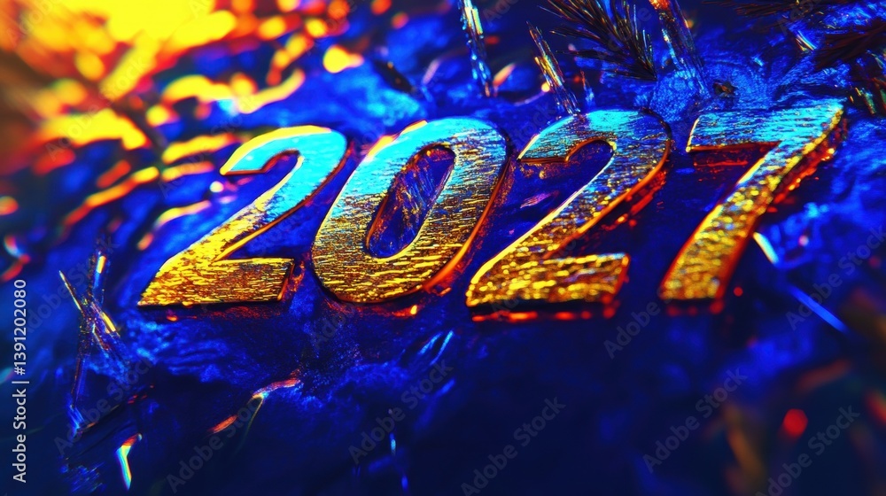 Poster golden numbers indicate the year 2027, set against a dynamic and colorful textured background creati