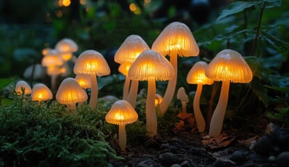 Fototapeta premium Glowing Mushrooms Illuminate A Green Environment In A Natural Setting
