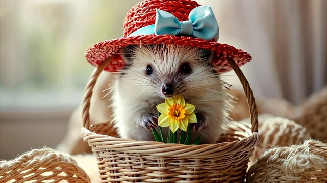 Adorable hedgehog in a straw hat holding a daffodil, sitting in a wicker basket