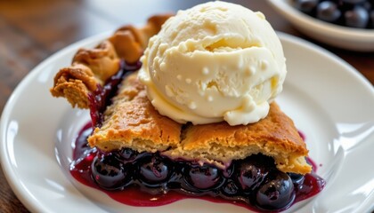 Blueberry Pie A freshly baked pie with a golden crust, filled with glistening blueberries, served with a scoop of ice cream.