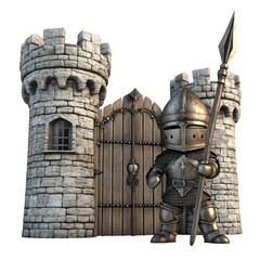 A 3D Cartoon Knight with Spear Defending a Castle Isolated on Transparent Background
