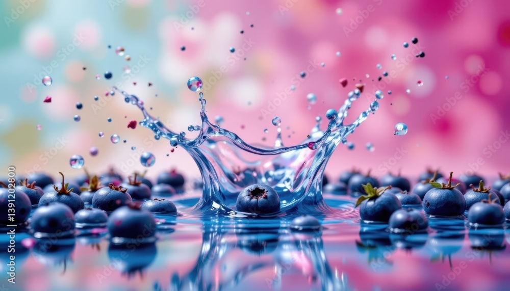 Poster blueberry splash an abstract representation of blueberries splashing into water, creating dynamic an