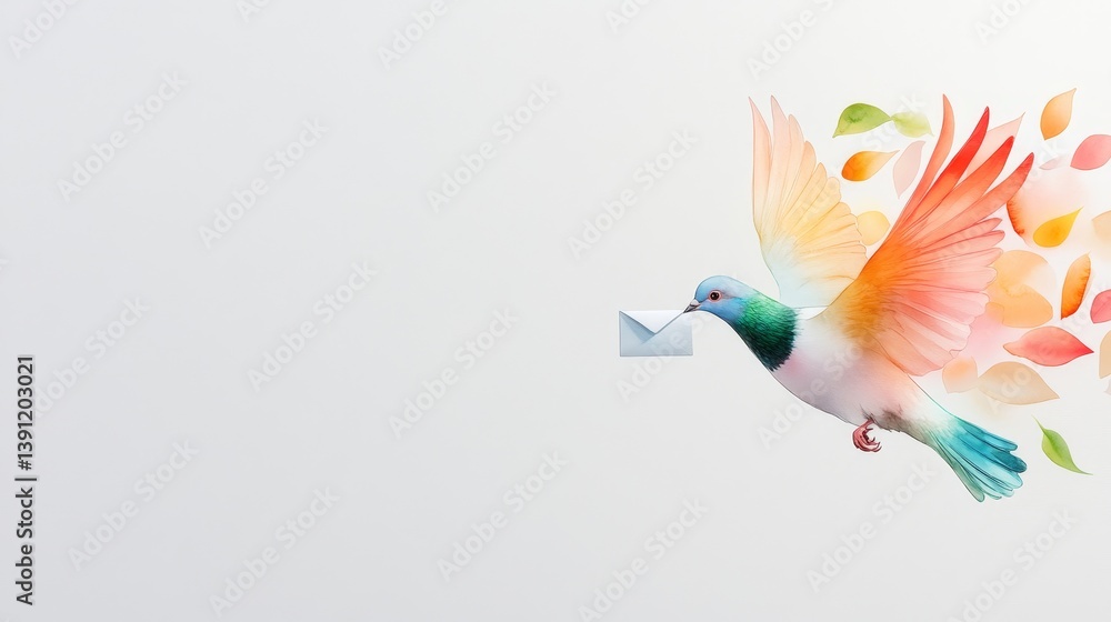 Poster colorful bird with envelope and leaves in soft abstract background