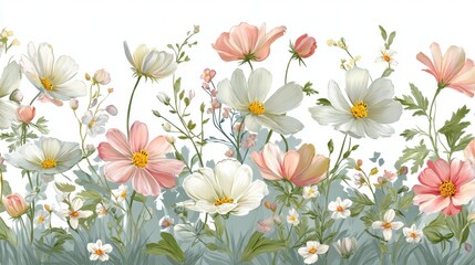 Obraz premium Beautiful seamless floral water color pattern Set, watercolor wild flowers, leaves and grass,Collection botanic garden elements. cosmos flower.