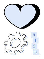 Blue heart symbolizes care, gear represents effort and process, stacked RISK blocks imply balance. Ideal for health, teamwork, strategy, innovation, problem-solving, motivation abstract line flat
