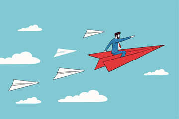 Leadership to guide team direction lead to success, determination or decision to motivate team, power to control or influence people concept, confident businessman lead other paper airplane origami.