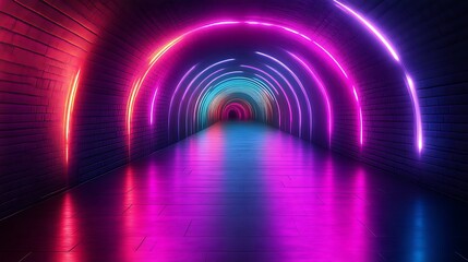 Neon archway tunnel with vibrant colors and reflective floor.