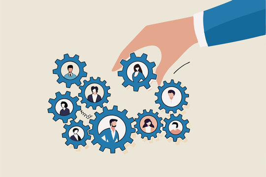 Solution for team, building organization, people management or career development, job position to help success, skill or efficiency concept, businessman hand put new employee to fix cogwheel gears.