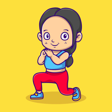 Cute cartoon character of young woman doing exercise or stretching