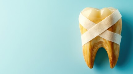 A wooden model of a tooth is wrapped in a bandage, resting on a soft blue background, illustrating themes of dental health and care