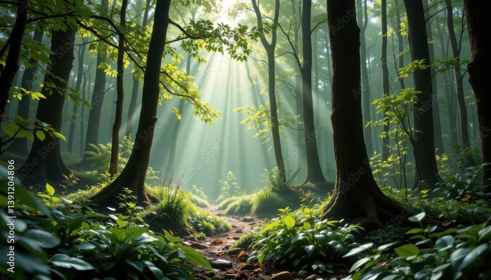 Poster mystical forest glade an ethereal forest scene filtered through soft greens and hints of light, invi