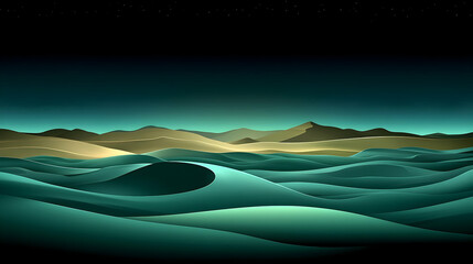 Abstract landscape scene displaying rolling dunes and a starry night sky