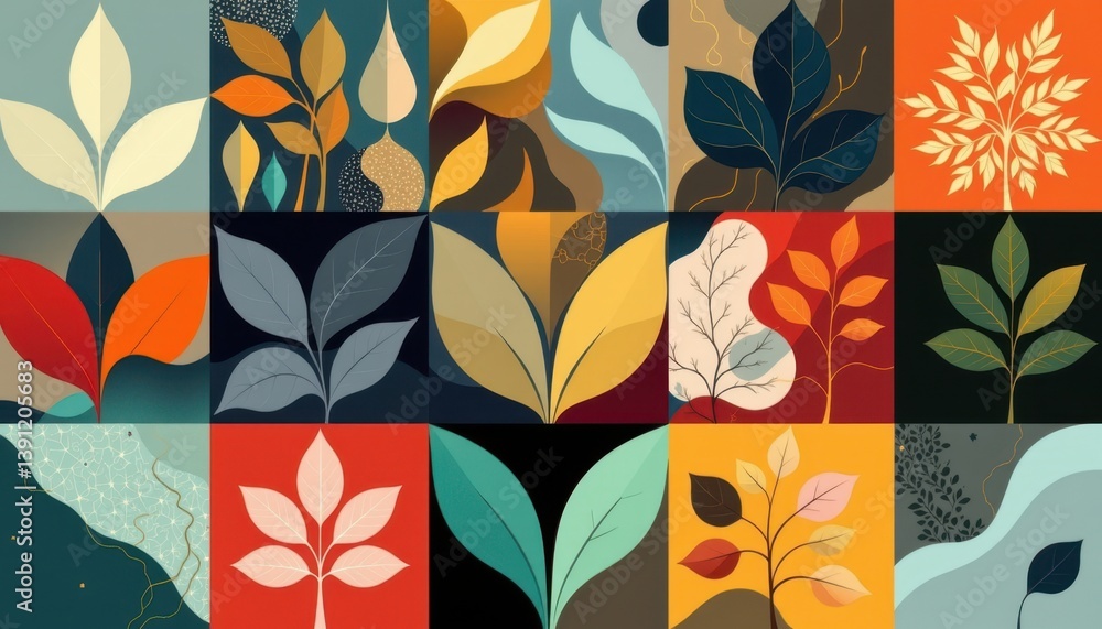Poster geometric leaf shapes an abstract arrangement of leaf shapes combined with geometric patterns in a h