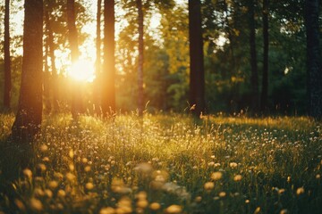 Obraz premium Sunlight filtering through forest trees