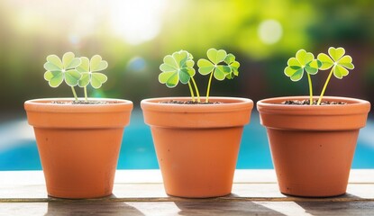 Obraz premium Three terracotta pots with vibrant green clover plants
