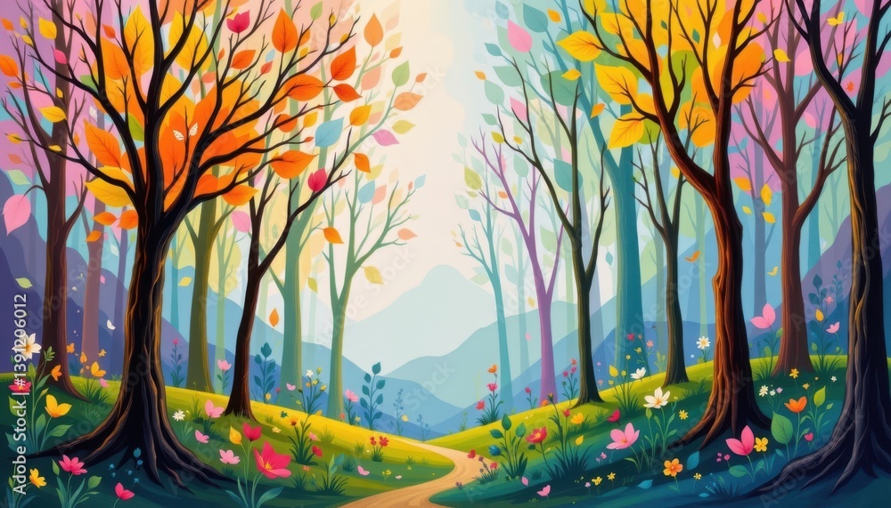 Poster abstract nature scene an abstract interpretation of a forest with stylized trees and leaves rendered
