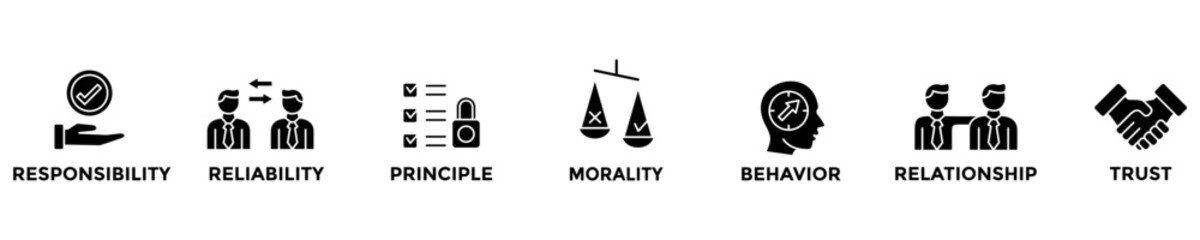 BUSINESS ETHICS web banner concept with group of icons for business and media in mix style