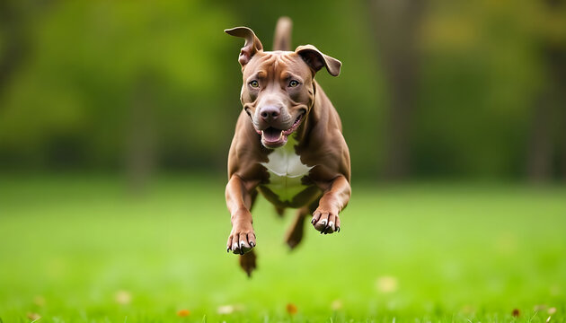Judul: Happy pit bull dog running in a lush green field - Powered by Adobe