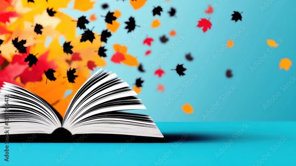 Poster an open book sits on a vibrant surface with colorful autumn leaves swirling around, creating a livel