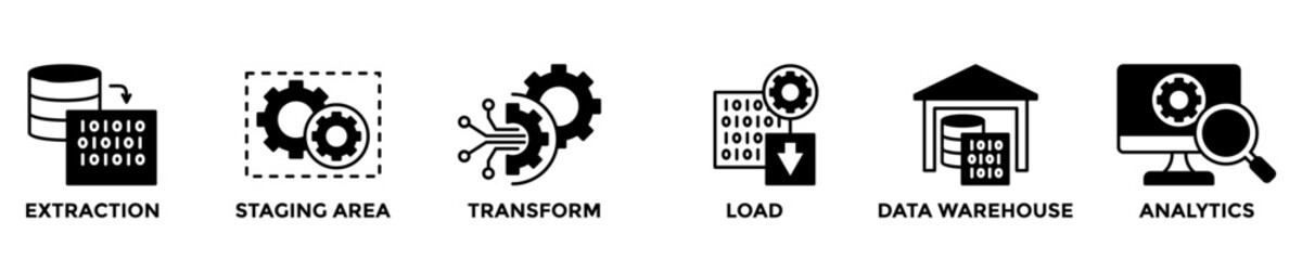 ETL web banner concept with group of icons for business and media in mix style