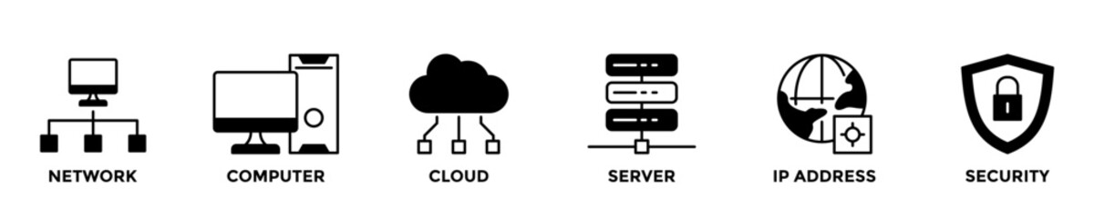 network technology web banner concept with group of icons for business and media in mix style