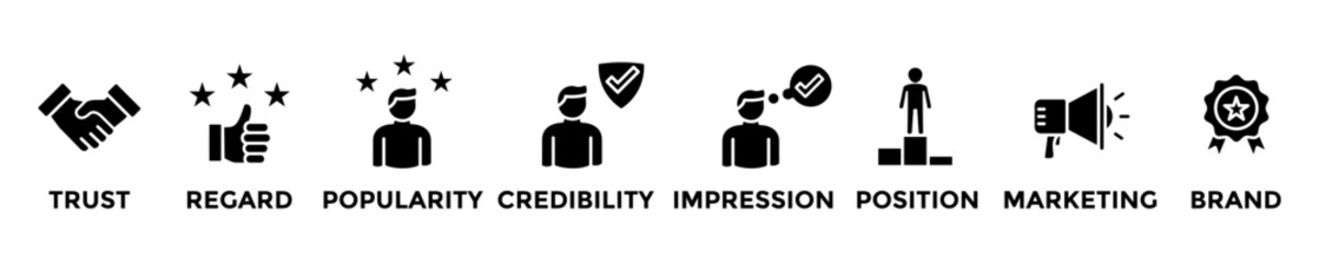 reputation management web banner concept with group of icons for business and media in mix style