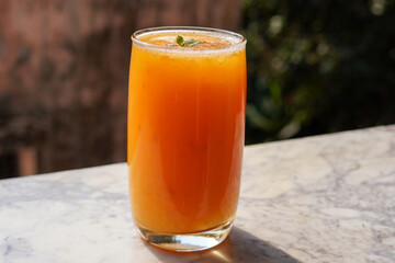 Indian bael or Bel fruit juice. Also known as wooden apple, golden apple from Indian subcontinent, India, Srilanka, Bangladesh and Nepal. Sweet and healthy summer drink Bel ka Sharbat