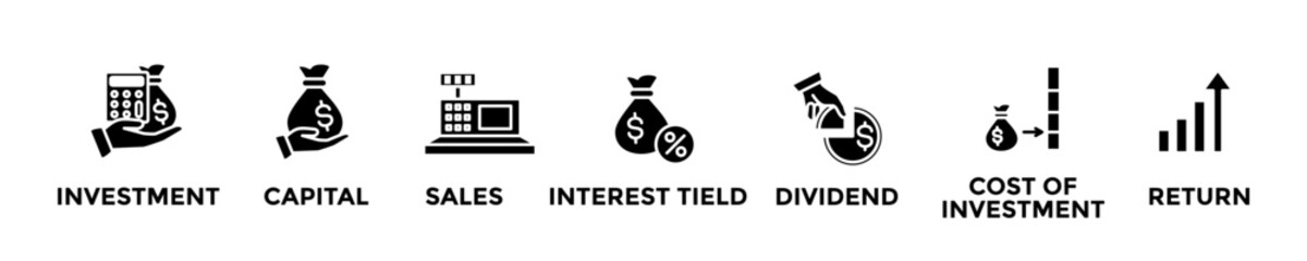 ROI web banner concept with group of icons for business and media in mix style
