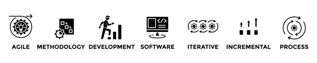 scrum development web banner concept with group of icons for business and media in mix style