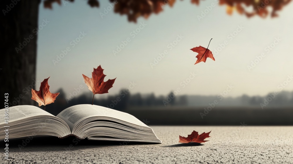 Poster an open book rests on a smooth surface with colorful leaves gently falling around it, creating a ser
