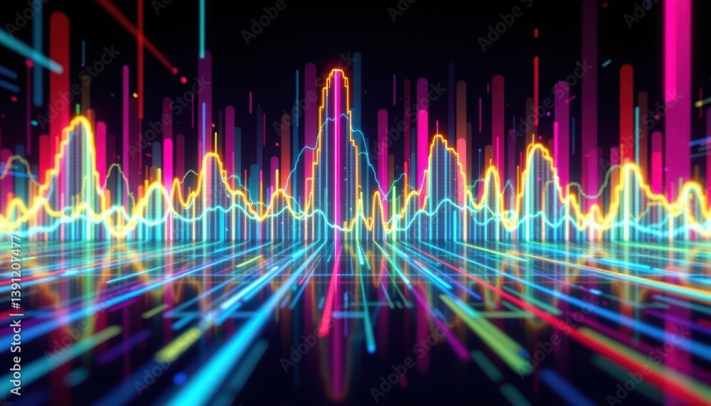 Poster digital soundwave an abstract display of soundwaves pulsing with neon colors, symbolizing music and 