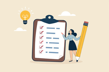 Survey or feedback opinion, checklist of completion or questionnaire form, evaluation or assessment review, checkbox clipboard concept, businesswoman complete survey with lightbulb pencil.