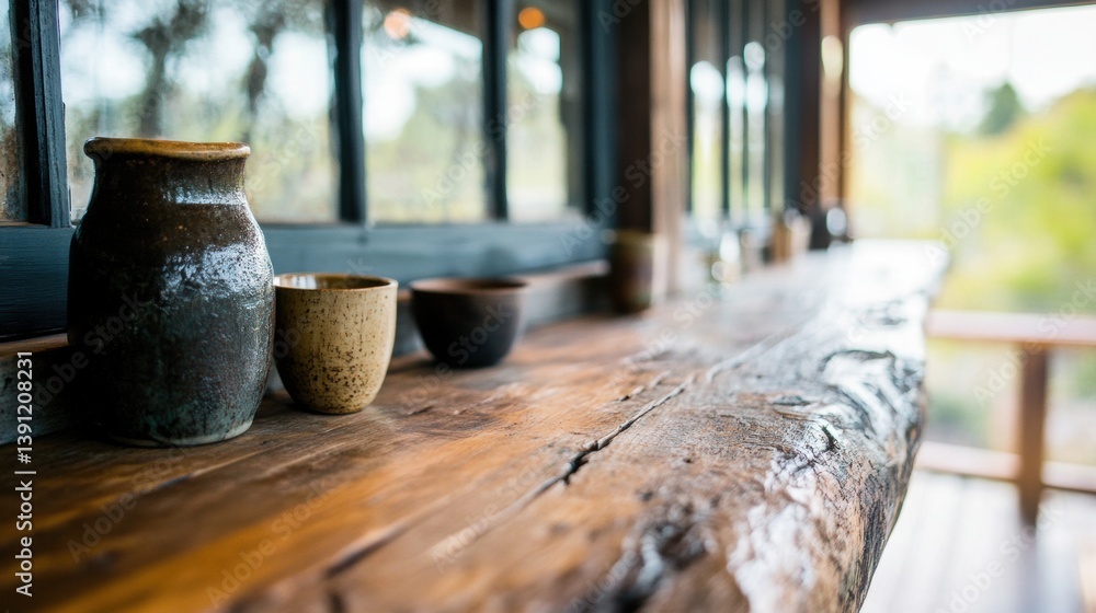 Poster handcrafted ceramic cups rest on a rustic wooden counter inside an inviting cafe with large windows 
